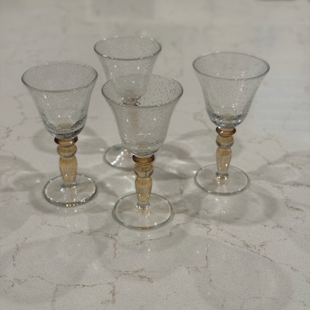 4 Pottery Barn Hand Blown Art Glasses, Clear Bubbles, Amber Legs, 7 1/4"